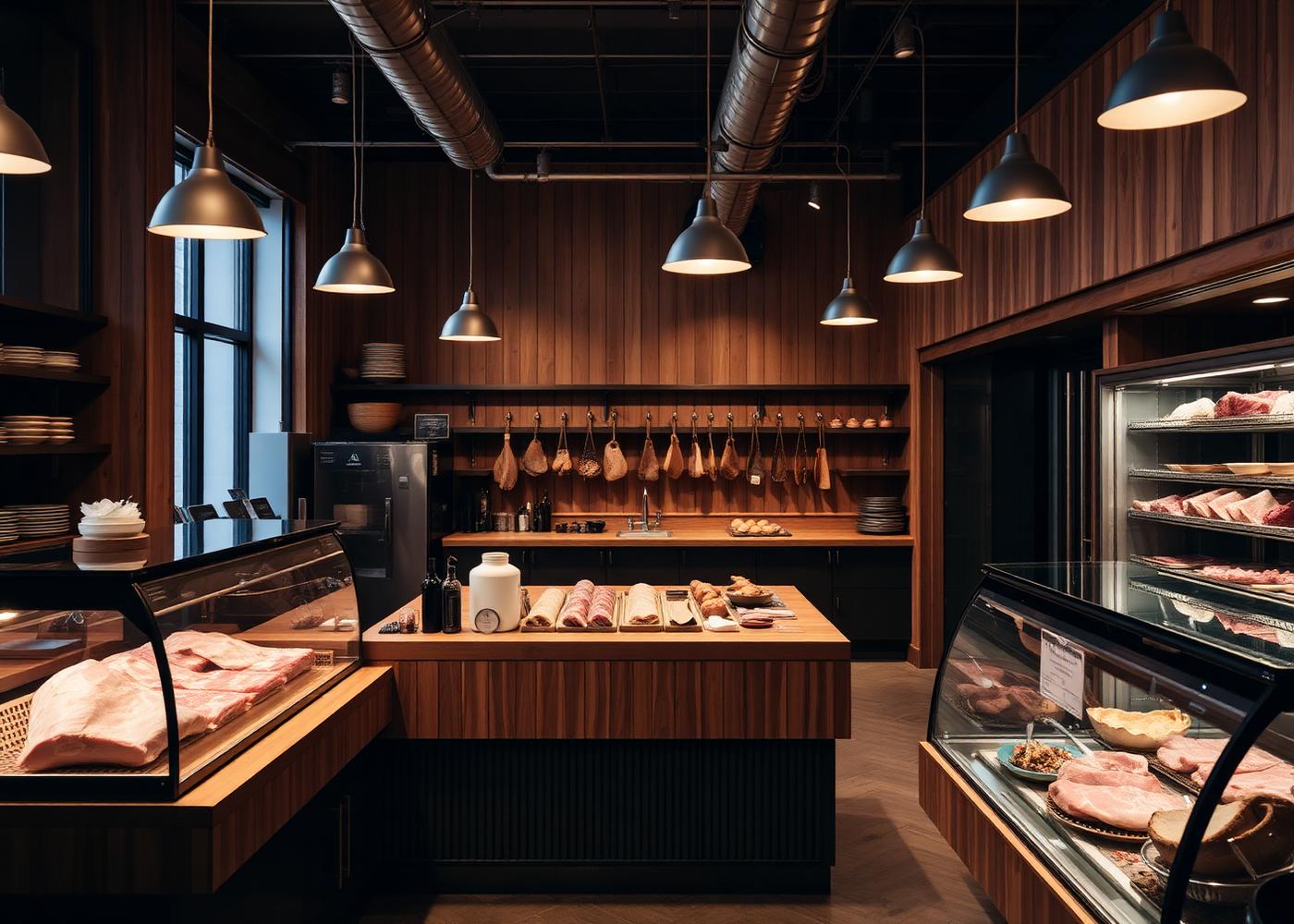 Intérieur chaleureux de la boucherie avec comptoirs en bois et vitrines de viandes fraîches